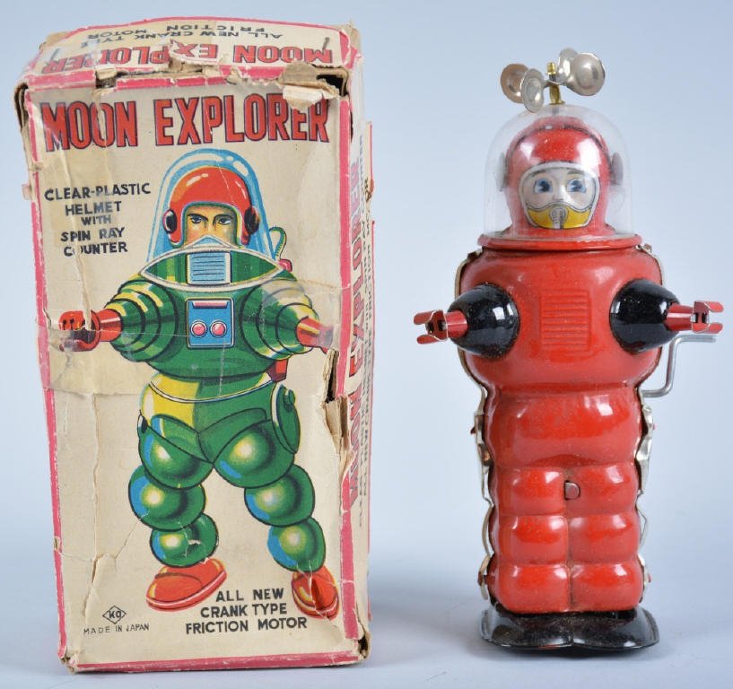 KO Japan Tin Windup MOON EXPLORER w/Box: Great looking windup Robot. Has original dome and antenna. Nice colors. With scarce box. Works, Excellent