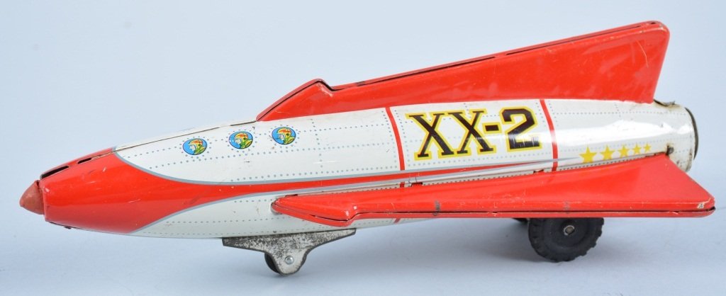TN JAPAN Tin Friction XX-2 ROCKET SHIP: Great looking rocket with nice colors and graphics. 11" Long. Excellent