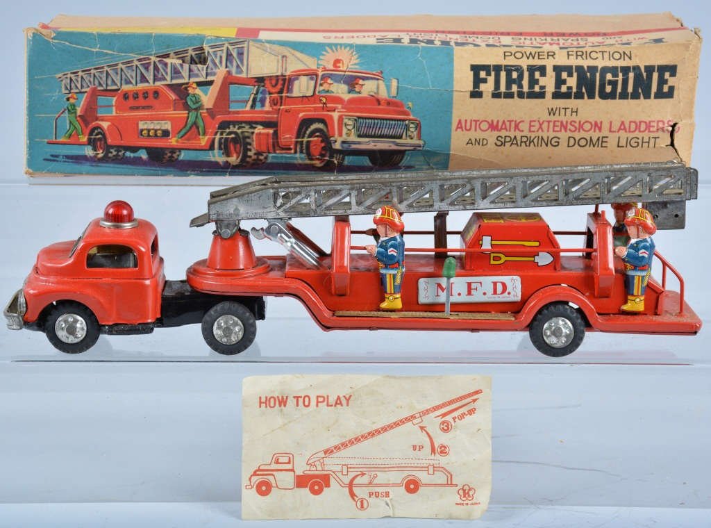 K JAPAN Tin Friction FIRE ENGINE LADDER TRUCK w/Bo: Great looking Fire Truck. Great colors and details. 14" Long. With Box. Near Mint