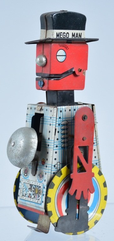 JAPAN Tin Windup MEGO MAN ROBOT: Scarce tin windup Robot. Great colors and graphics. All original. Not Working, Excellent