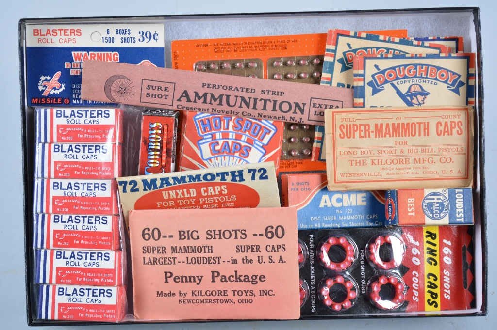 Lot of 12+ Vintage BOXES of CAPS AMMUNITION: Excellent collection of Rare Caps. Includes Header Card of Blaster Caps, Kilgore Penny Package, Doughboy Caps, Hot Spots, and More. Excellent