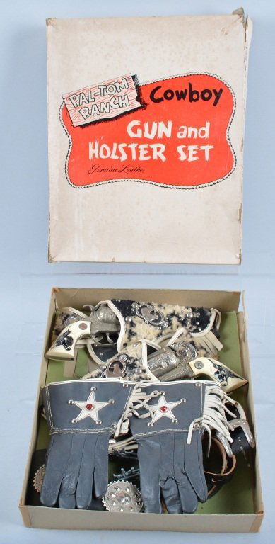 PAL-TOM COWBOY GUN and HOLSTER SET w/Box: Excellent set includes very nicely detailed with Cow Hide Holster Set with 2 Hubley Texan Jr Cap Guns. Set also includes Spurs, Gloves, and Conchos. Beautiful Set! With Box. Excellent