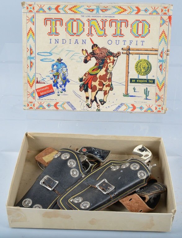 ESQUIRE Lone Ranger's TONTO HOLSTYER and CAP GUN S: Set includes very nice double holster with Tex and Rodeo Cap Guns. With Box. Excellent