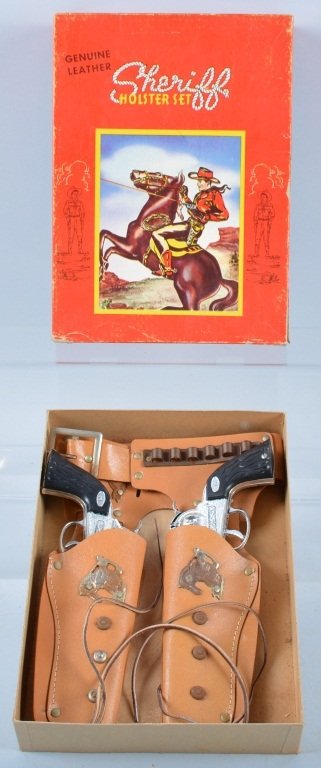 ARROW SHERIFF 2 GUN HOLSTER SET w/Box: ery nice 2 gun holster set. Nice leather holsters with bucking bronco details. Includes 2 nice Hubley Cap Guns. Set appears unplayed with in Box. Near Mint