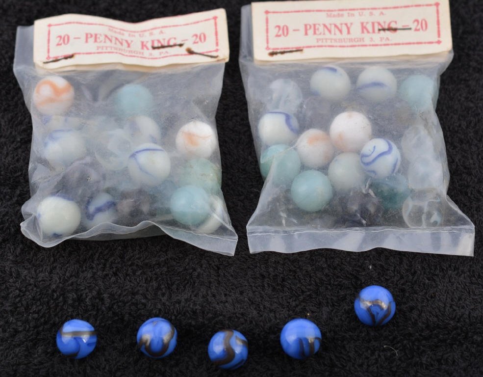 Lot of 2 ORIGINAL BAGS OF 20 CHAMPION MARBLES and: Lot of 2 original Bags of 20 Champion Marbles made in Pittsburg Pa. Plus 5 Blue and Red Champion Swirls. Near Mint