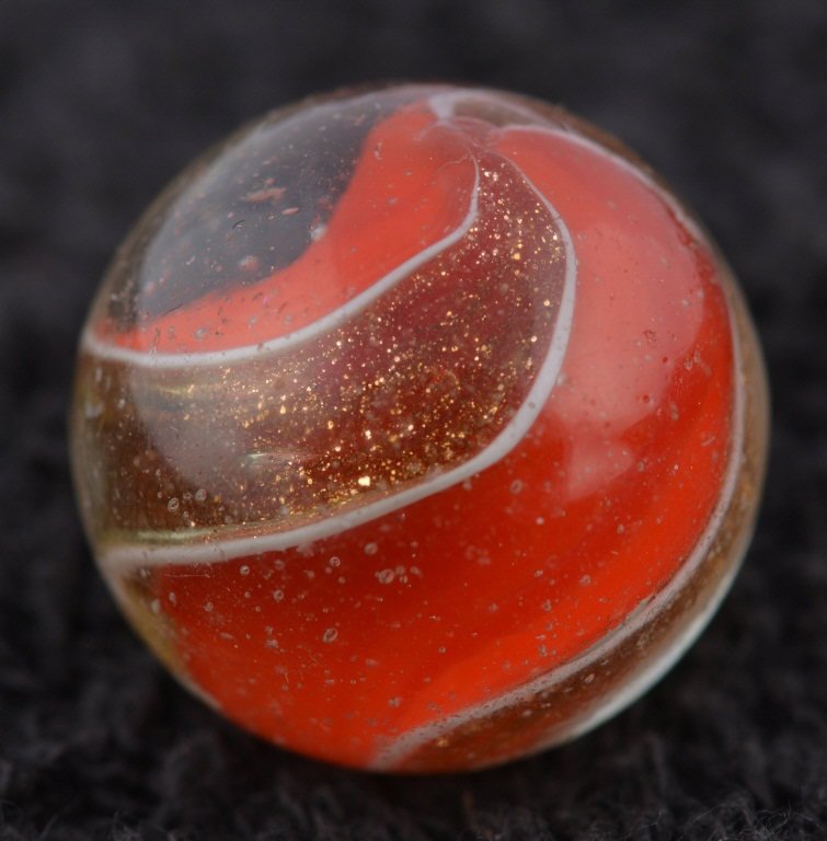 HANDMADE RIBBON LUTZ MARBLE: Beautiful marble. Great colors. Couple tiny fleabites. 7/8 Excellent