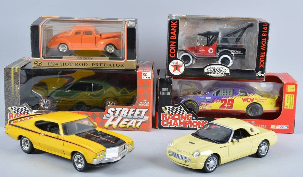 Lot of 6 DIECAST CARS w/Box: Includes Gearbox Texaco Ford Wrecker Bank, Motormax Predator Hot Rod, Racing Champions 1996 WCW Nascar, Racing Champions 1969 GTO,