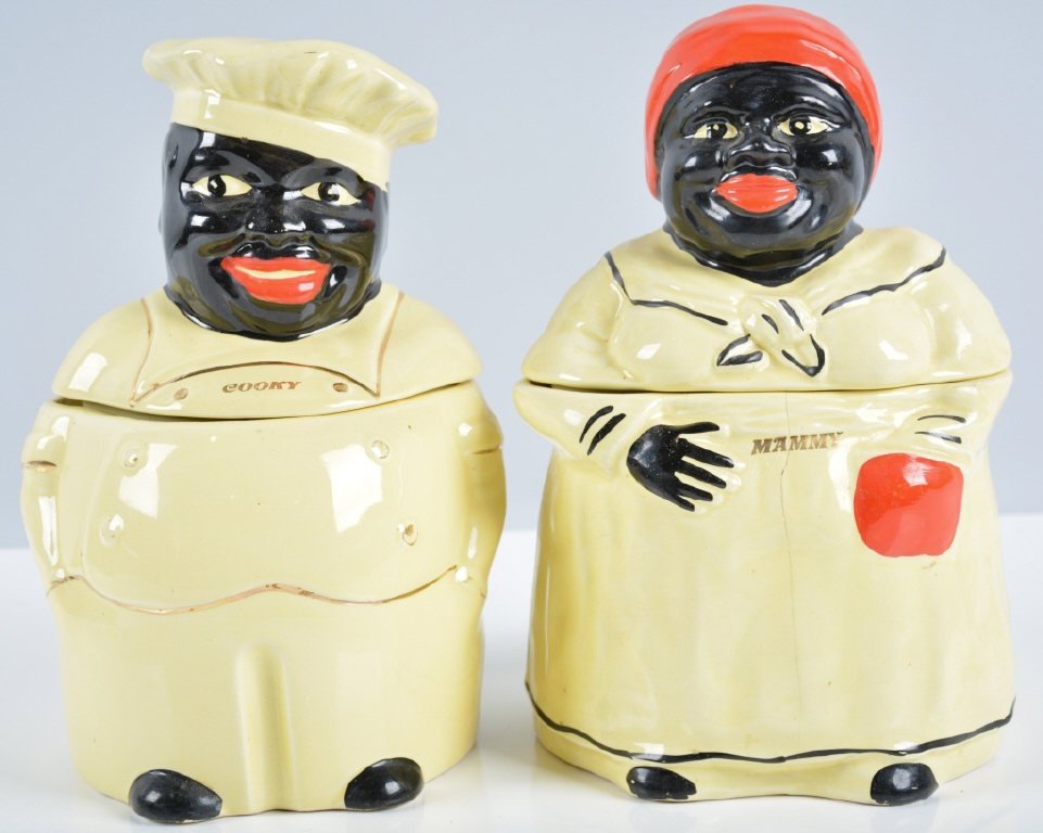 Lot of 2 Cookie Jars, Pearl Cooky and Mammy: 10 1/2" high, great colors and gold accents, some minor chiping and Mammy has hairline crack, Very Good