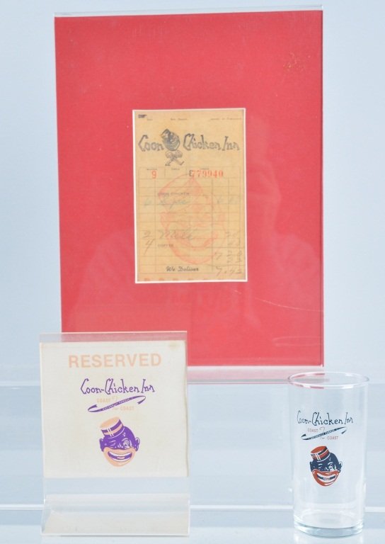 Lot of 3 Coon Chicken Inn Items: Lot consists of receipt, table reservation, and a 4 1/2" glass, Very Good-excellent