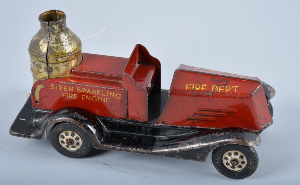 MARX Pressed Steel Friction FIRE DEPT BOILER TRUCK: Early Marx truck. All original 9" Long. Nice detail with boiler on back. Friction drives needs gear. Very Good