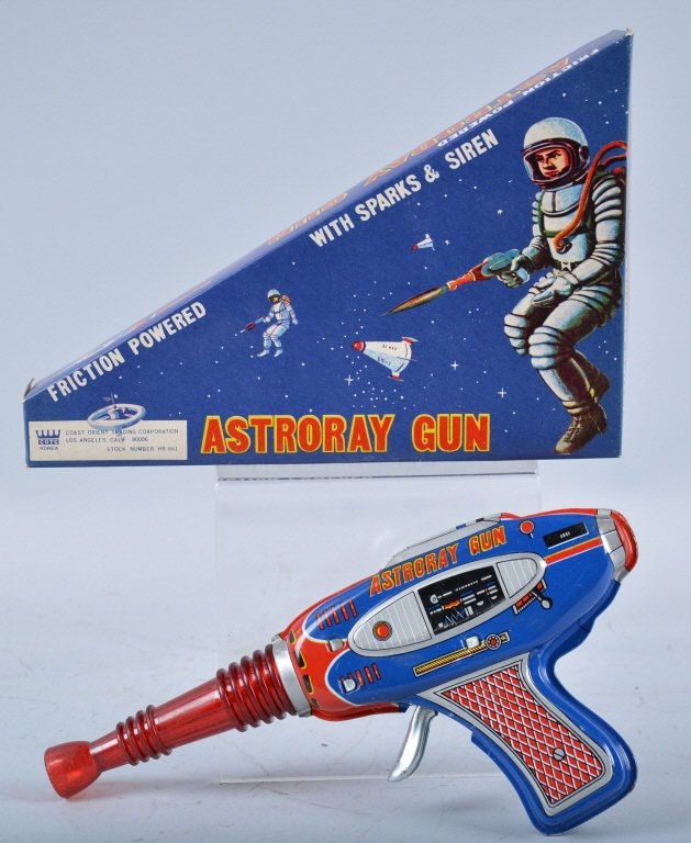 COTC Tin Friction ASTRORAY GUN w/Box: Great looking tin friction Astroray Gun. Measures 10" long. Great colors and details. With excellent box. Near Mint