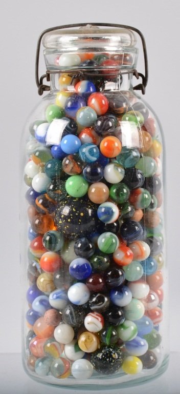 Antique Jar Full of VINTAGE MARBLES: This is a nice lot of vintage Machine Mades and Clay Marbles in Antique Jar. Some great looking marbles. Large jar measures 11" tall is totally full of marbles. Sure to hold some great marbles. Excell