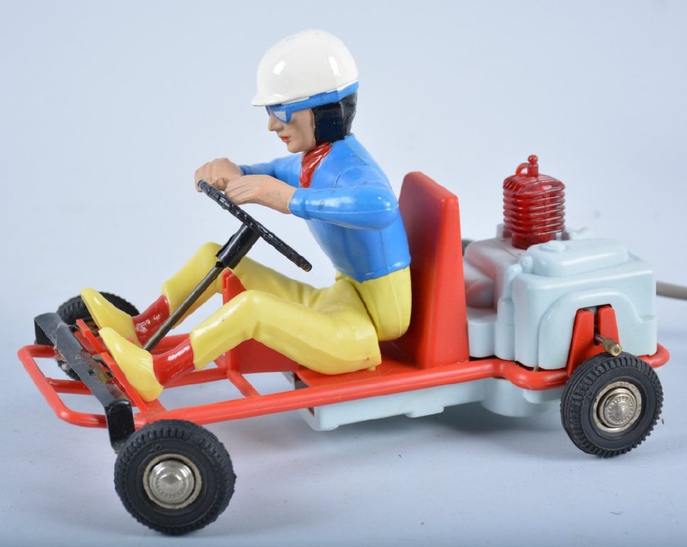 GERMANY Battery Op GO-KART: Unusual Battery Operated Go-Kart made in Germany. Very nice colors and details. Chip on remote wheel. Very Good