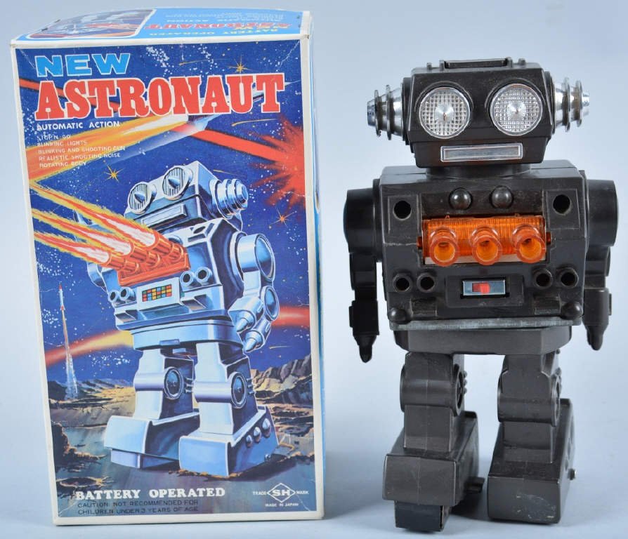 SH JAPAN Battery Op NEW ASTRONAUT w/BOX: Great looking Robot made in Japan. All original very detailed battery operated robot. Working with origional box. Excellent