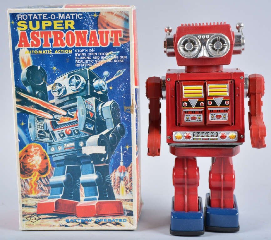 Battery Op ROTATE-E-MATIC SUPER ASTRONAUT w/BOX: Excellent looking Battery Operated Robot. Made by SJM. Robot works. Very nice colors and details. With original box. Excellent