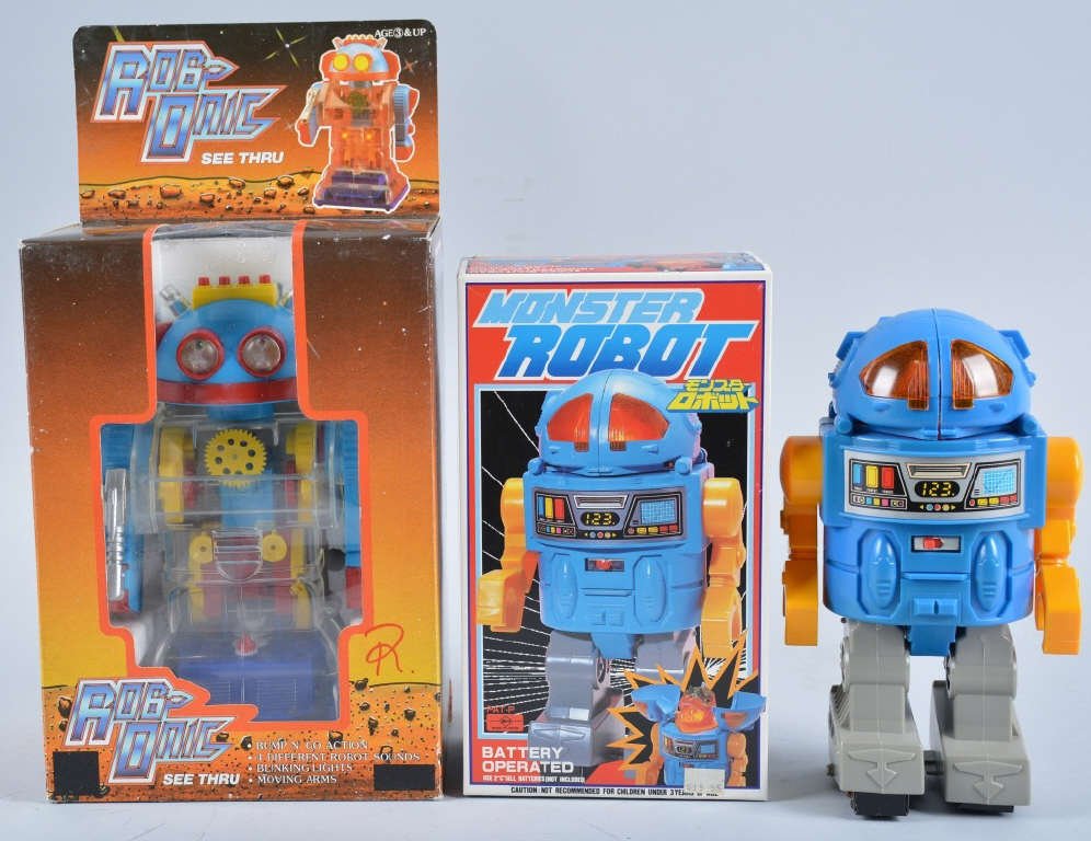 Lot of 2 VINTAGE PLASTIC ROBOTS w/BOX: Lot includes Monster Robot by SH Japan. Battery Operated and mint in the box. Plus Rob-Onic made by Strike Toys. battery Operated and mint in the box. Near Mint