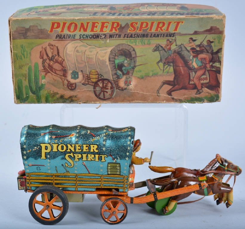 ALPS Friction & B.O. PIONEER SPIRT SCHOONER w/BOX: Excellent looking toy made by Alps in Japan. Nicely detailed Pioneer Schooner. Schooner has friction drive but also takes a battery to operate the working lights. Works good. Toy has great colors and 