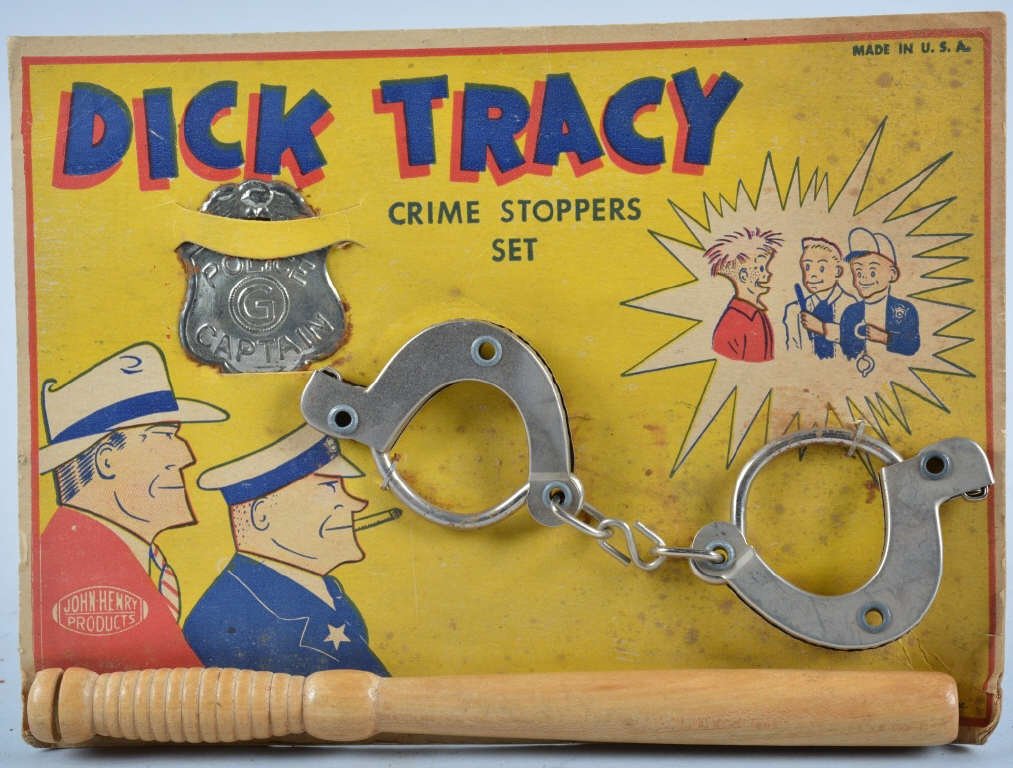 John Henry DICK TRACY CRIME STOPPER SET w/CARD: Very unique Dick Tracy Crime Stopper Set by John Henry Products still on original card. Very nice set includes Hand Cuffs, Badge, and Night Stick. All still attached to original Card. Card has great D