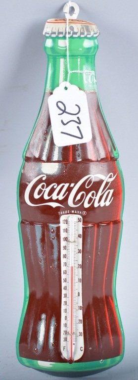 Donasco COCO COLA Embossed BOTTLE THERMOMETER: Original Coca Cola embossed metal Coca Cola Thermometer. Made in the USA by Donasco. All original with great colors and detail. Measures 17" tall. Unused condition. Near Mint