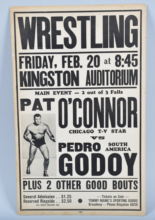 1950s PROFESSIONAL WRESTLING Advertising POSTER: Excellent original advertising Poster from the 1950s for Professional Wrestling. Pat O'Connor vs Pedro Dodoy. Kingston Auditorium. Great graphics. 22"x14" Excellent