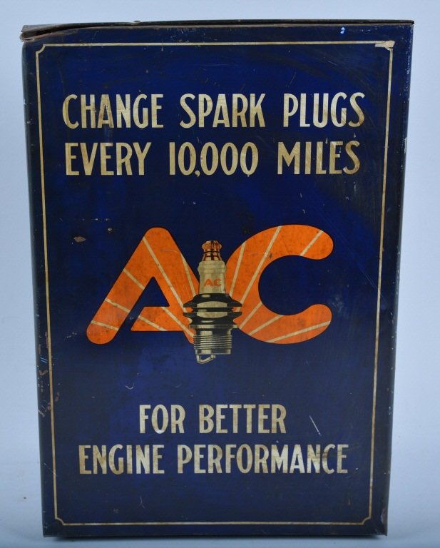 AC DELCO SPARK PLUGS Store Display: Nice early AC Delco Store Display. Great colors and graphics. Does have some wear and scratching. Back displays great. Measures 19"x12". Very Good