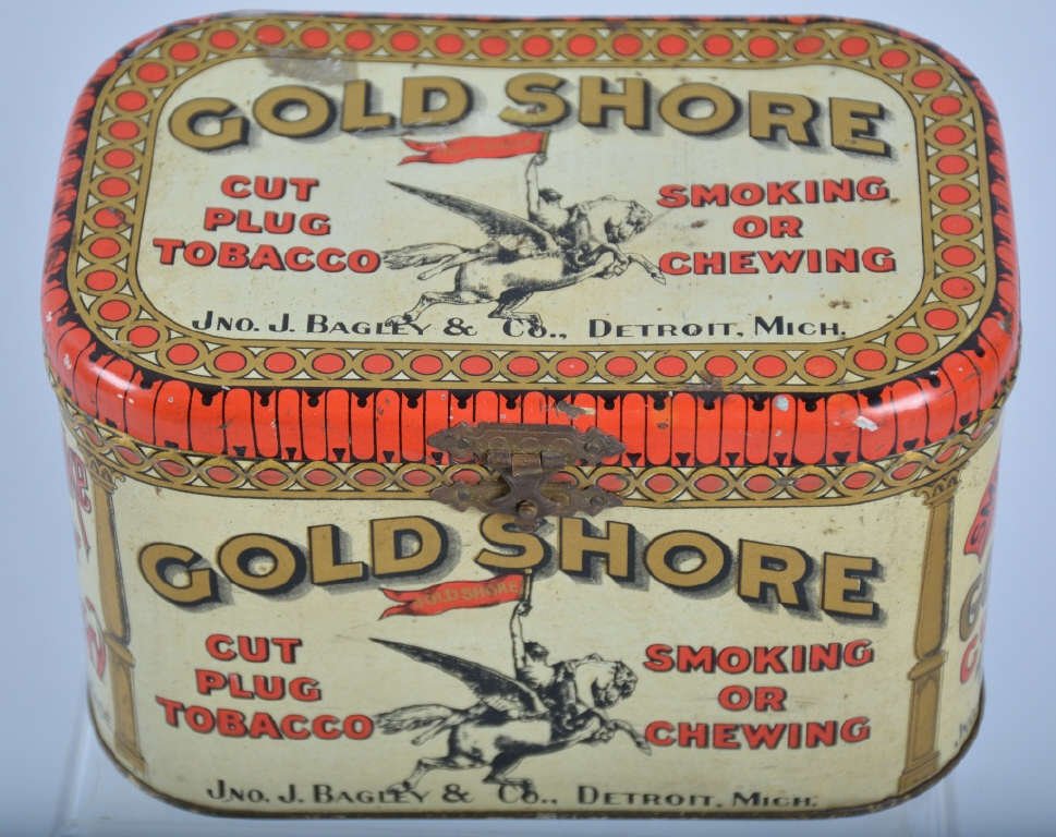 GOLD SHORE Cut Plug TOBACCO TIN: Excellent looking Gold Shore Tobacco Tin. Great colors and details. Excellent