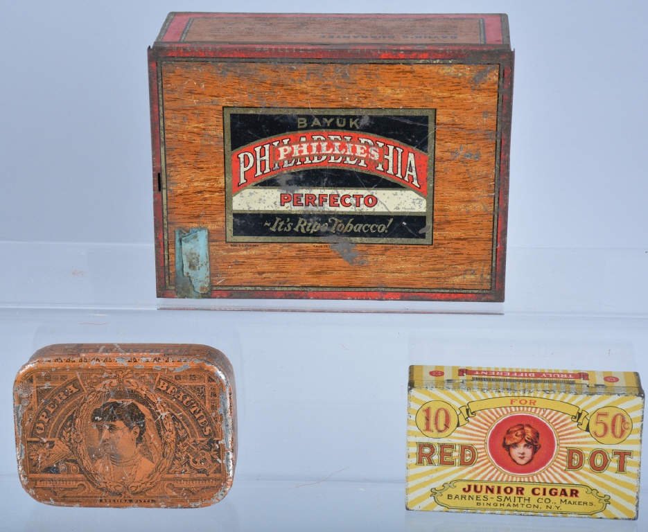 Lot of 3 Vintage CIGAR TINS: Inckludes nice Red Dot, Opera Beauties, and Phillies Cigars. Some wear. Very Good