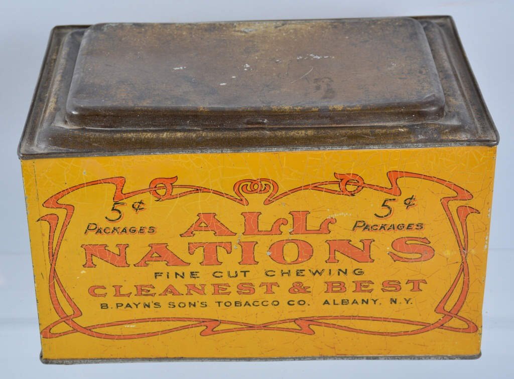 ALL NATIONS Chewing Tobacco STORE BIN: Nice All Nations Chewing Tobacco Store Dispaly Tin. Great colors and script. Does have some alligatoring to litho. Very Good