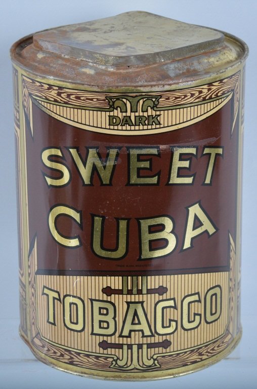 SWEET CUBA DARK TOBACCO STORE TIN: Very nice Store Display Tin for Sweet Cuba Dark Tobacco. Very nice colors on this tin. Top lip has some gold loss. Displays great. Very Good-Excellent