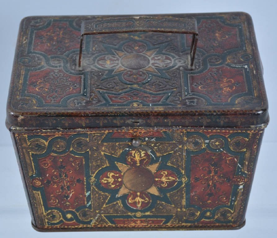 HUNTLEY & PALMER ORNATE BISCUIT TIN: Very beautiful early Huntley & Palmers Buiscuit Tin. Great colors and patter. Litho has darken over tin. Very Good