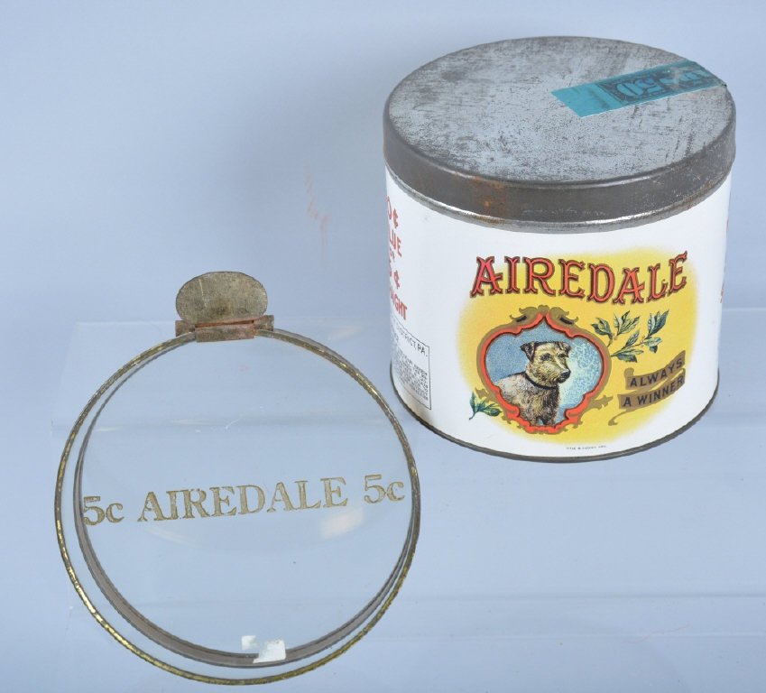AIRDALE GIGAR TIN w/ GLASS TOP: Beautiful Cigar Tin. Great colors and graphics of Airedale Dog. Come with tin and glass tops. Near Mint