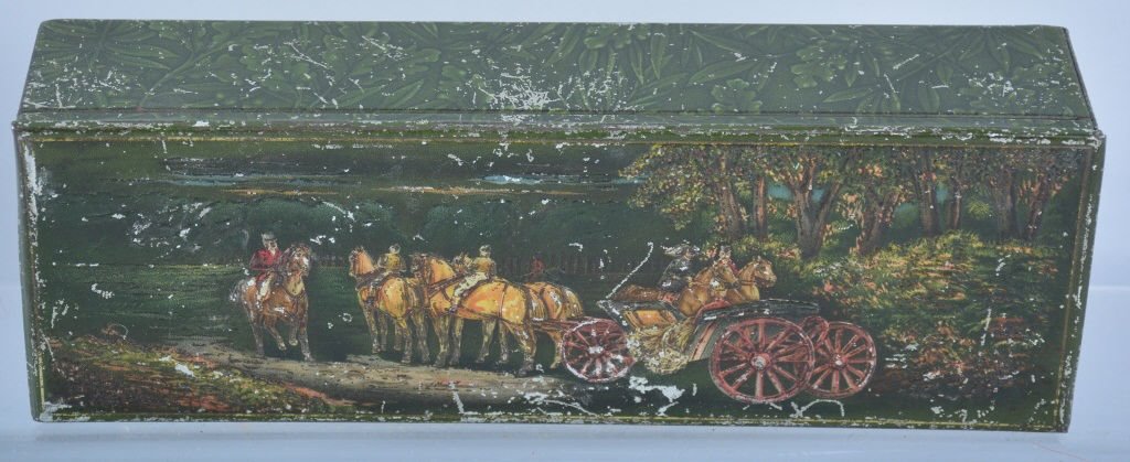 HUNTLEY & PALMER Horse and Carriage BUSCUIT TIN: Very nice early Huntley & Palmer Buscuit Tin. Nicely embossed tin with great image of Horse and Carriage. Nice colrs. Has some scratching. Very Good