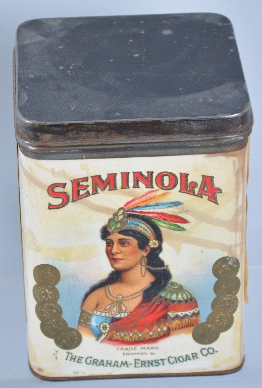 SEMINOLA Paper Lable CIGAR TIN: Excellent looking Cigar Tin. Paper lable has great colors and Indian graphics. Near Mint