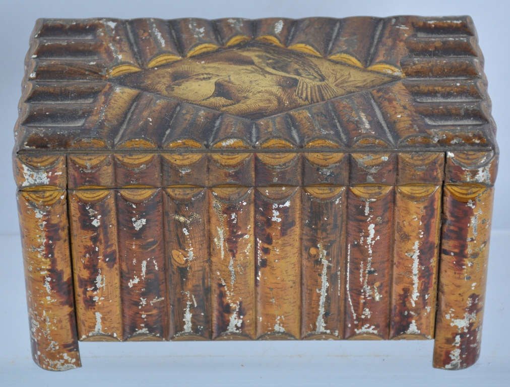 HUNTLEY & PALMER LOG BOX BUSCUIT TIN: Great looking early Buscuit Tin. Looks like box made of logs. Has nice grapgics of birds in a nest on top. Some scratching. Very Good