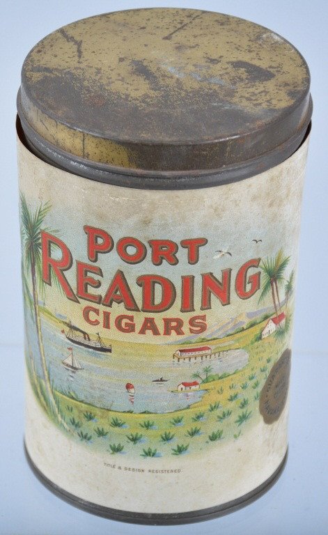 PORT READING CIGARS Paper Lable Tin: Nice paper lable tin for Port Reading Cigars. Nice colors and seas side graphics. Very Good
