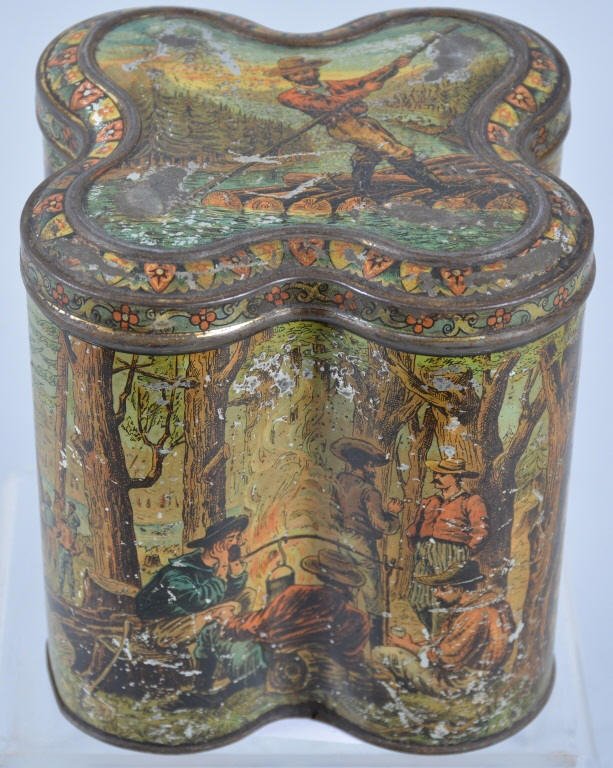 Late 1800s HUNLEY & PALMER PIONEER BUSCUIT TIN: Nice early tin with excellent graphics of Pioneer Life. Great colors. Does have wear throughout. Very Good