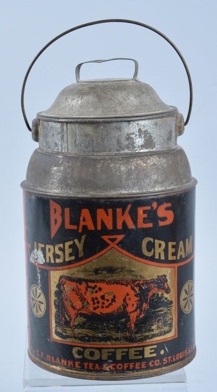 BLAKES JERSEY CREAM COFFEE TIN: Excellent looking Coffee Tin. Great colors and Cow graphics. Some wear. Very Good