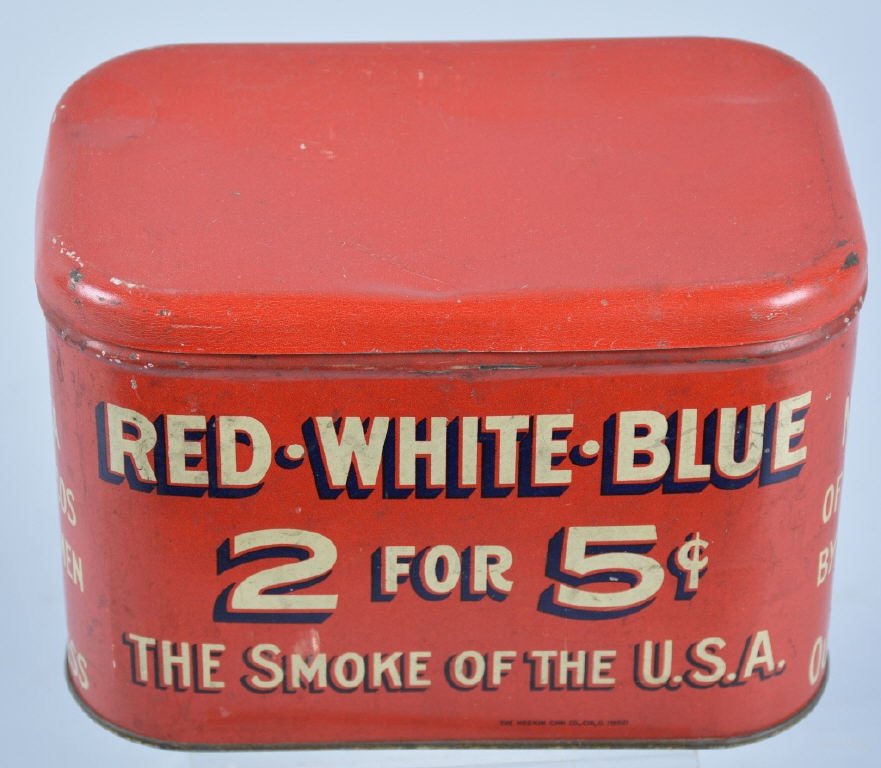 RED WHITE BLUE CIGAR TIN: Nice store Cigar Tin. Good color. Excellent