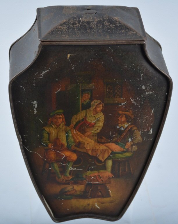 Early HUNTLEY & PALMER TAVERN BUSCUIT TIN: Nice early Buscuit Tin with nice darker colors and great tavern graphics. Some scracthing. Very Good