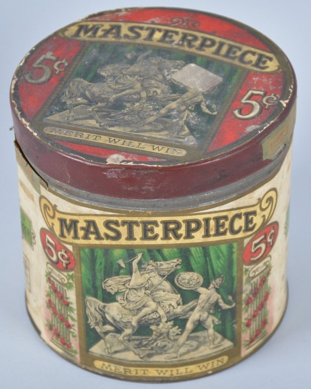 MASTERPIECE CIGAR Paper Lable STORE TIN: Nice paper lable store tin. Great colors and graphics. Very Good