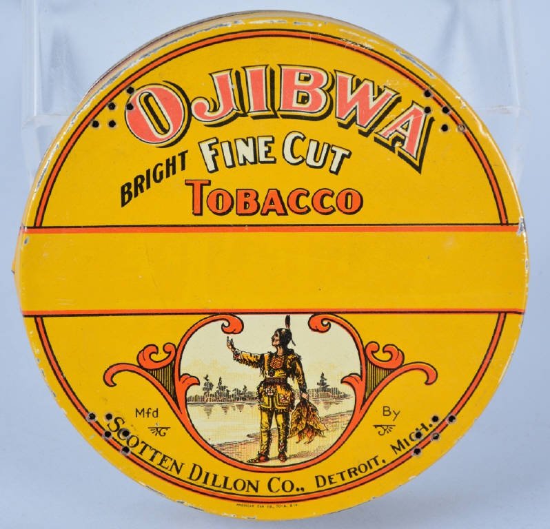 OJIBWA FINE CUT TOBACCO TIN: Nice round Ojibwa Tobacco Tin. Great colors and Indian graphics. Excellent
