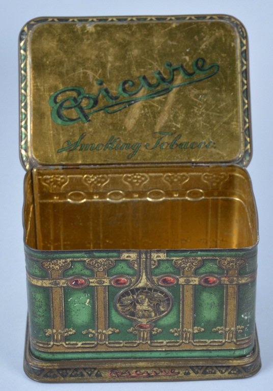 EPICURE SMOKING TOBACCO TIN: Beautiful tin with embossed details and great colors. Has some wear throughout. Very Good