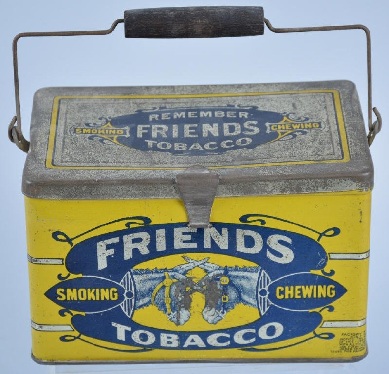 FRIENDS TOBACCO TIN: Excellent looking Tobacco Tin. Great colors and graphics of Mules. Slight wear. Excellent