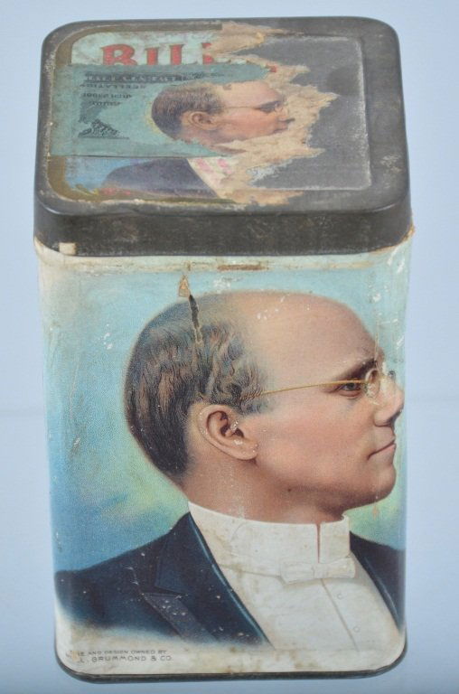 BI:LL NYE Paper Lable CIGAR TIN: Nice early paper lable Cigar Tin. Great colpor an dimage. Some paper loss to top. Very Good
