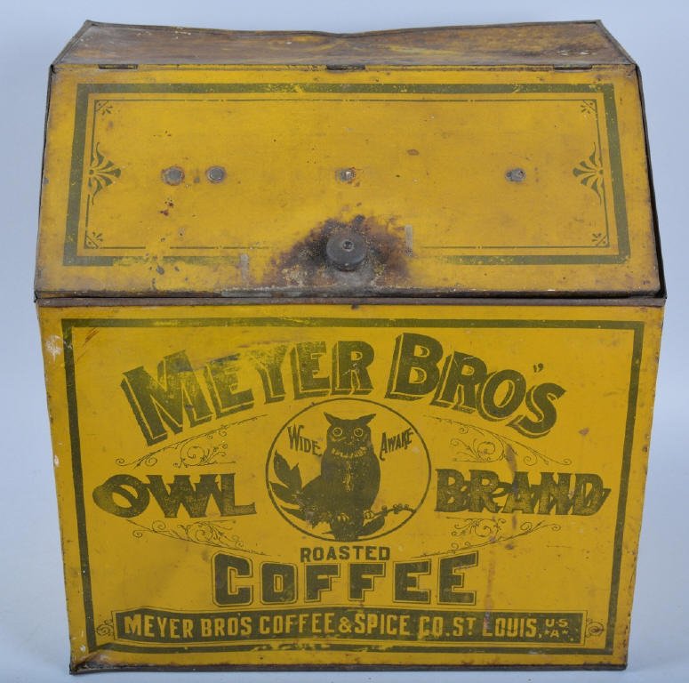 MEYERS BROS. OWL BRAND COFFEE STORE BIN: Excellent early Coffee Store Display Bin. Great colors and Owl graphics. Has some weat throughout. Dispalys beautifully. Very Good