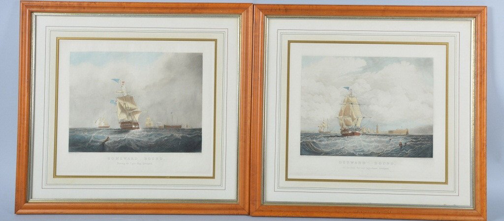 Lot of 2 , S. Walters Framed Ship Engravings: Nice matching pair of ship engravings originally painted by S. Walters. Each measures 21" by 19" and are housed in Birds Eye Maple frames. Excellent