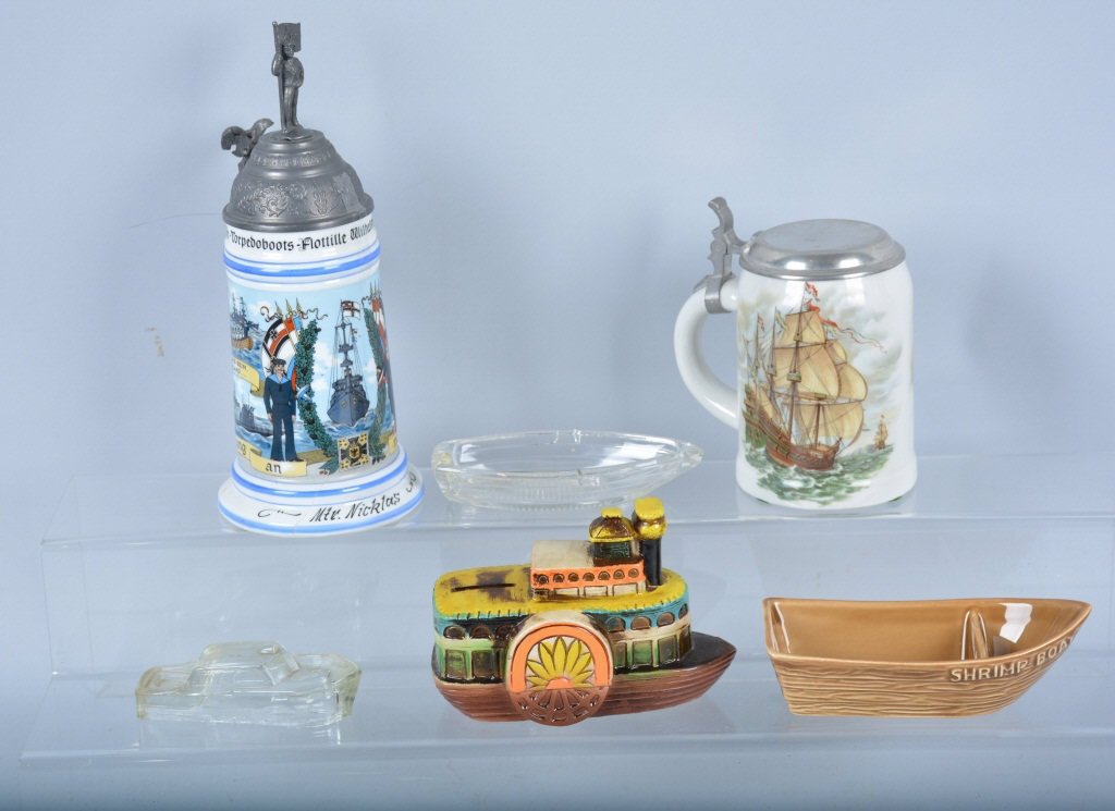 Lot of 6 Nautical Steins, Candy Containers Etc: 2 German Steins, 2 glass candy containers, Aloa shrimp boat, and side wheel bank. Largest stein is 11" high, and is damaged at the base, Nice grouping that displays well, Fair-Excellent