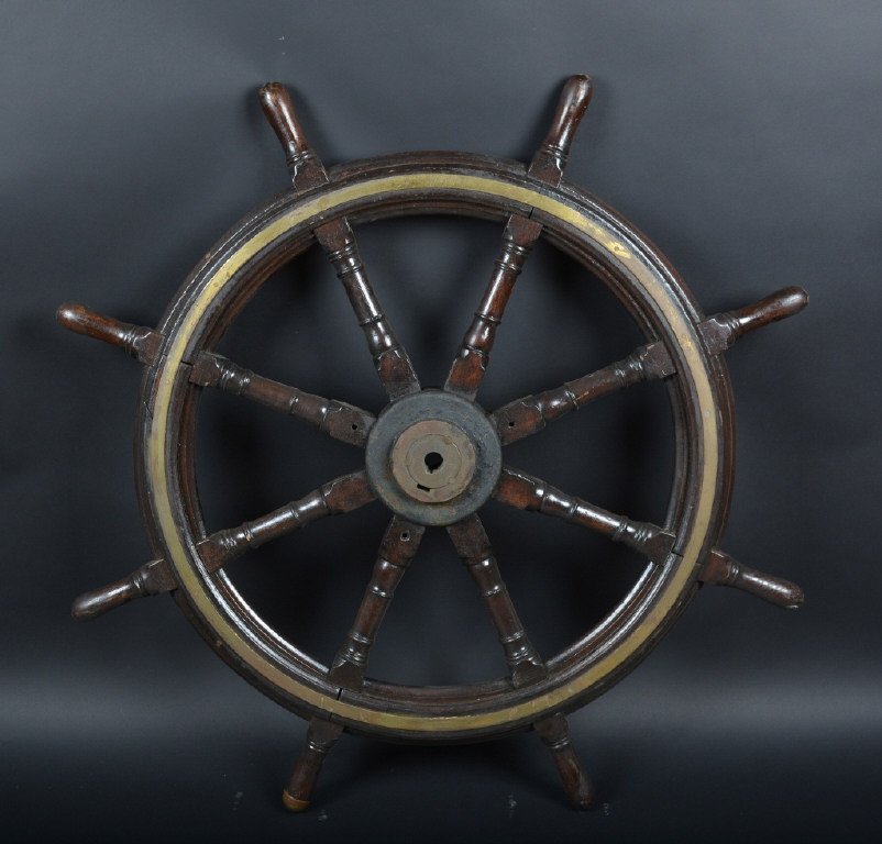 Nautical Ships Wheel, Wood and Brass, Vintage: 52" diameter and very well made with steel hub and inset brass, oversized, Excellent