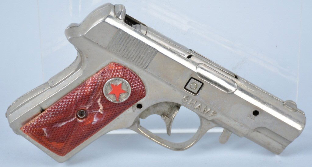 HUBLEY Diecast CHAMP CAP GUN: Nice diecast automatic pistol cap gun. Made by Hubley. All original with nice finish and grips. Excellent