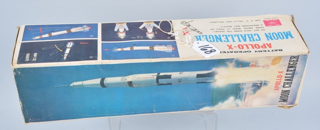 Battery Op APOLLO X Moon Challenger ROCKET w/BOX: TN Japan Battery Op Apollo X Rocket. Nice looking rocket that all original with great action. With original box. Excellent